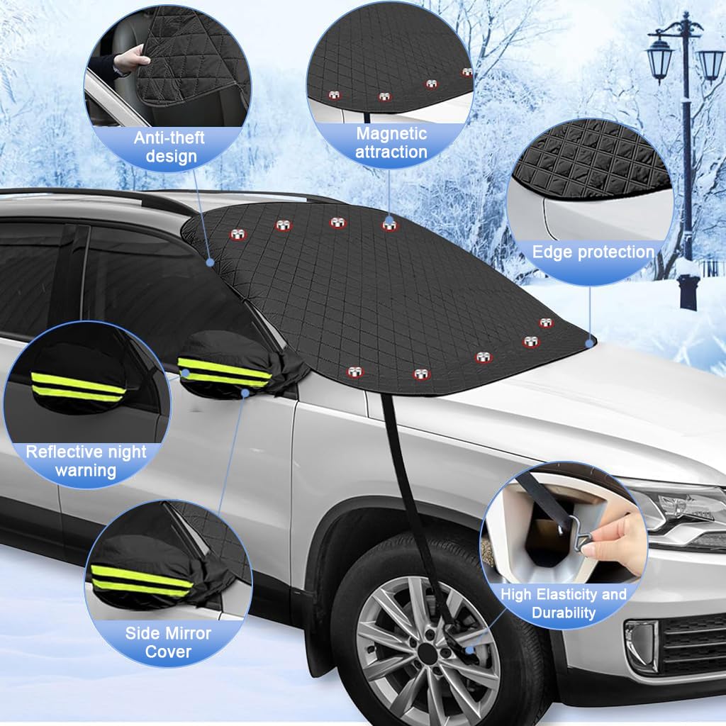 STHIRA Car Windshield Cover Multi-layer Thicken Windshield Snow Cover with Rearview Mirror Cover & Fixing Hooks Safe Magnetic Windshield Cover Car Windshield Cover for SUV, Vans, 58'' x 45.6''