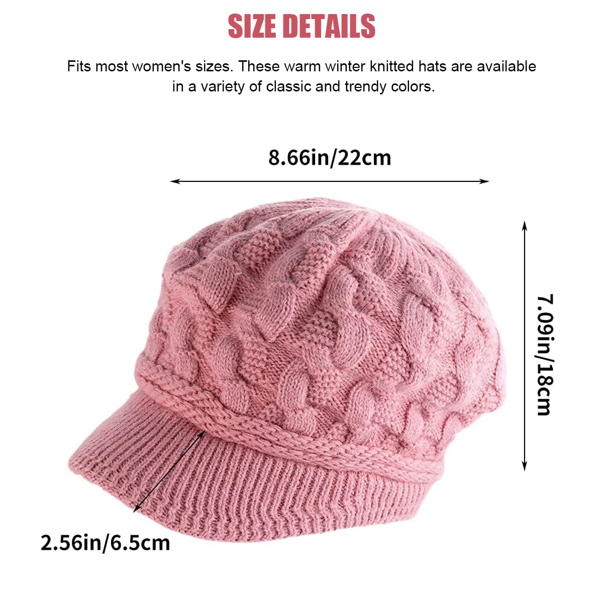 PALAY Winter Cap for Women Stylish Knitted Beret Cap Fleece Lined Wide Brim Beret for Women Warm Hat for Girl Ladies Pink