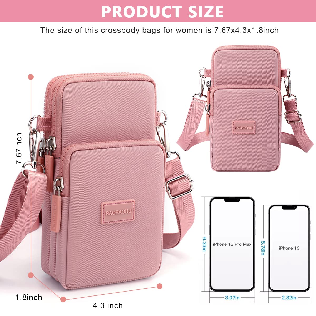 GUSTAVE Pink Mini Wallet Shoulder Small Crossbody Phone Bag for Women with Earphone Cable Hole Wallet Clutch Bag for Women