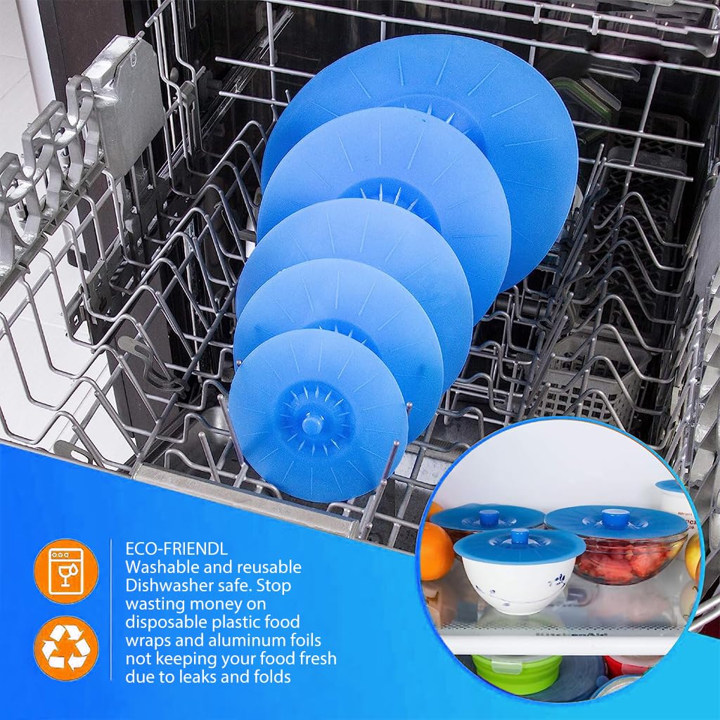 HASTHIP Silicone Lid for Containter 5 Sizes Silicone Bowl Lids Reusable Suction Seal Covers for Pots, Cups, Bowls, Heat Resistant Silicone Lid, Blue