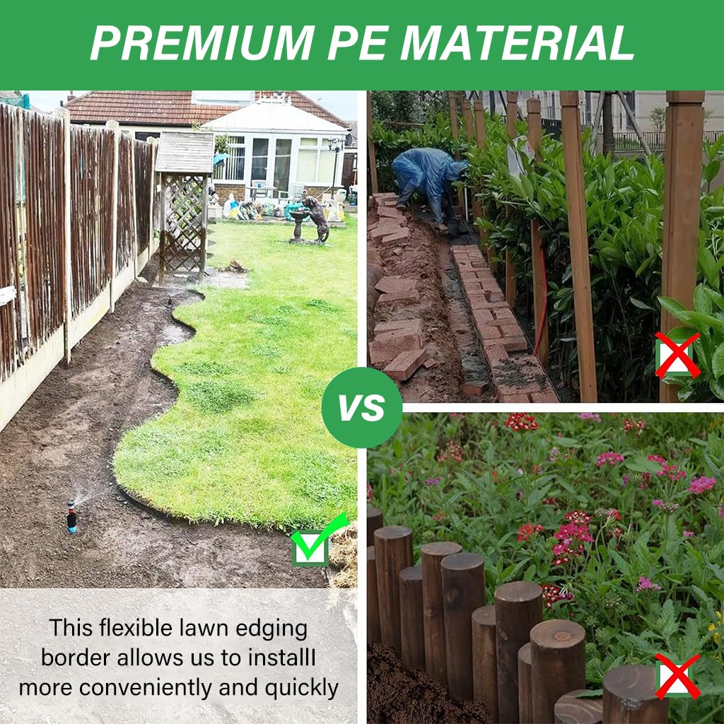 HASTHIP 10m Fence for Boundary with 30pcs Spikes, PE Reusable Green Fence for Garden Art Landscape Edging/Lawn Diveder, Cuttable Garden Edging Border for Lawn, Flower, Tree Surroundings (5CM HT)