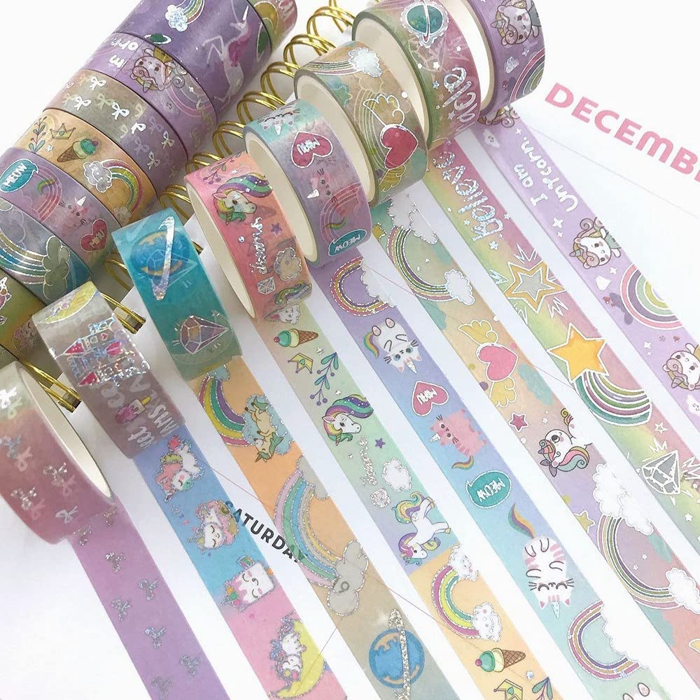 HASTHIP 10 Rolls Unicorn Washi Tape Glitter Unicorn Pattern Washi Tape Decorative Adhesive Tape for DIY ,Beautify Bullet Journals,Planners