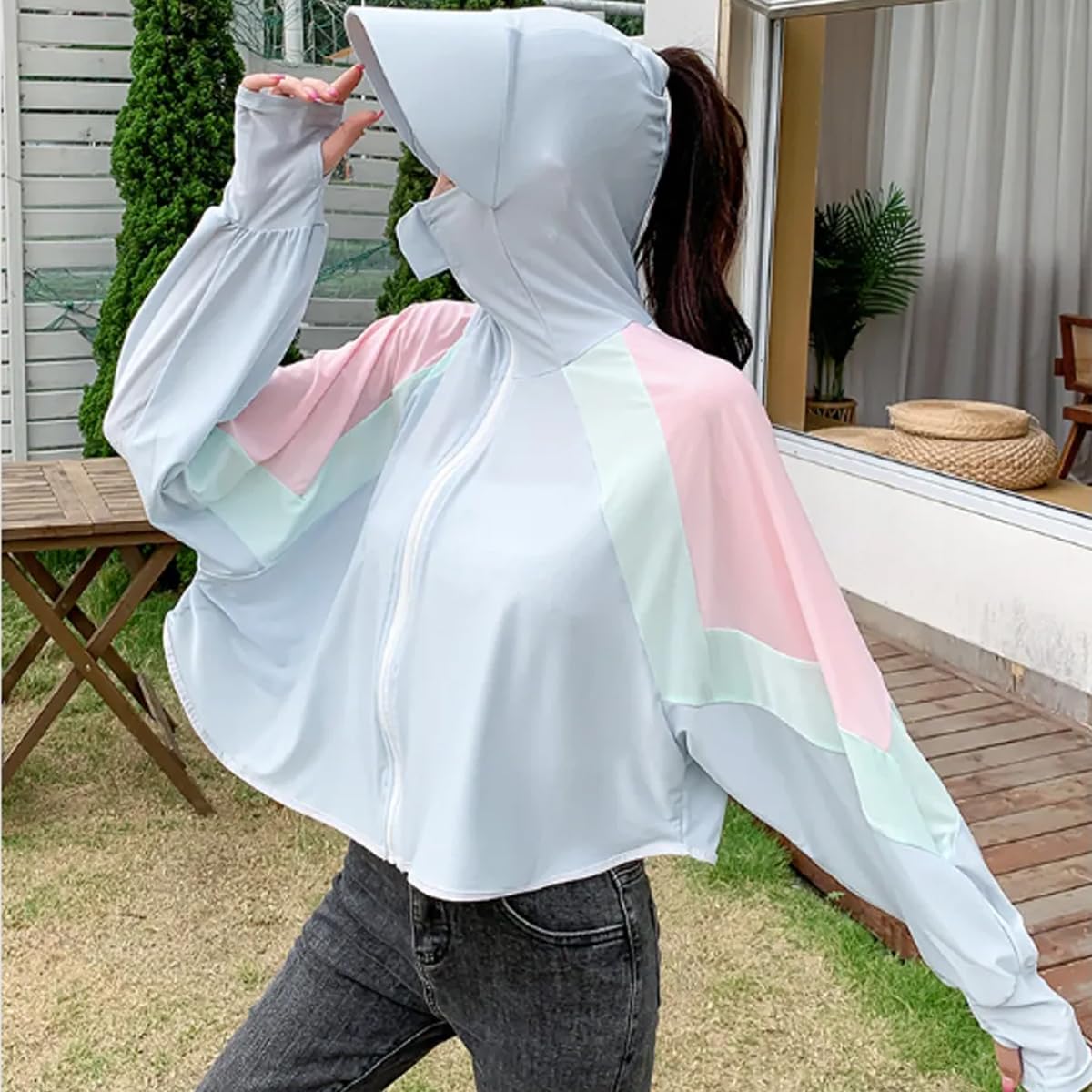 PALAY Woman Sun Protection Hoodie Jacket Lightweight UPE50+ Sun Blocking Coat with Pocket Long Sleeve Shirt Hiking Outdoor with Face Mask