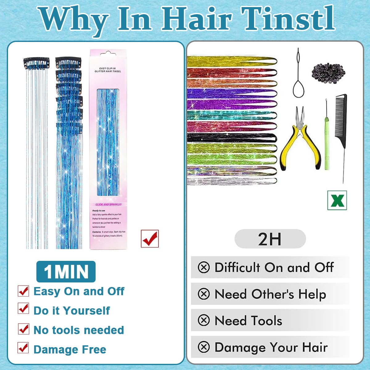 MAYCREATE Tinsel Hair Extensions Glitter Hair Tinsel Kit, Sparkling Fairy Styling Hair Tinsel Extensions with Tools (47 Inch, 12 Colors, 2400 Strands)