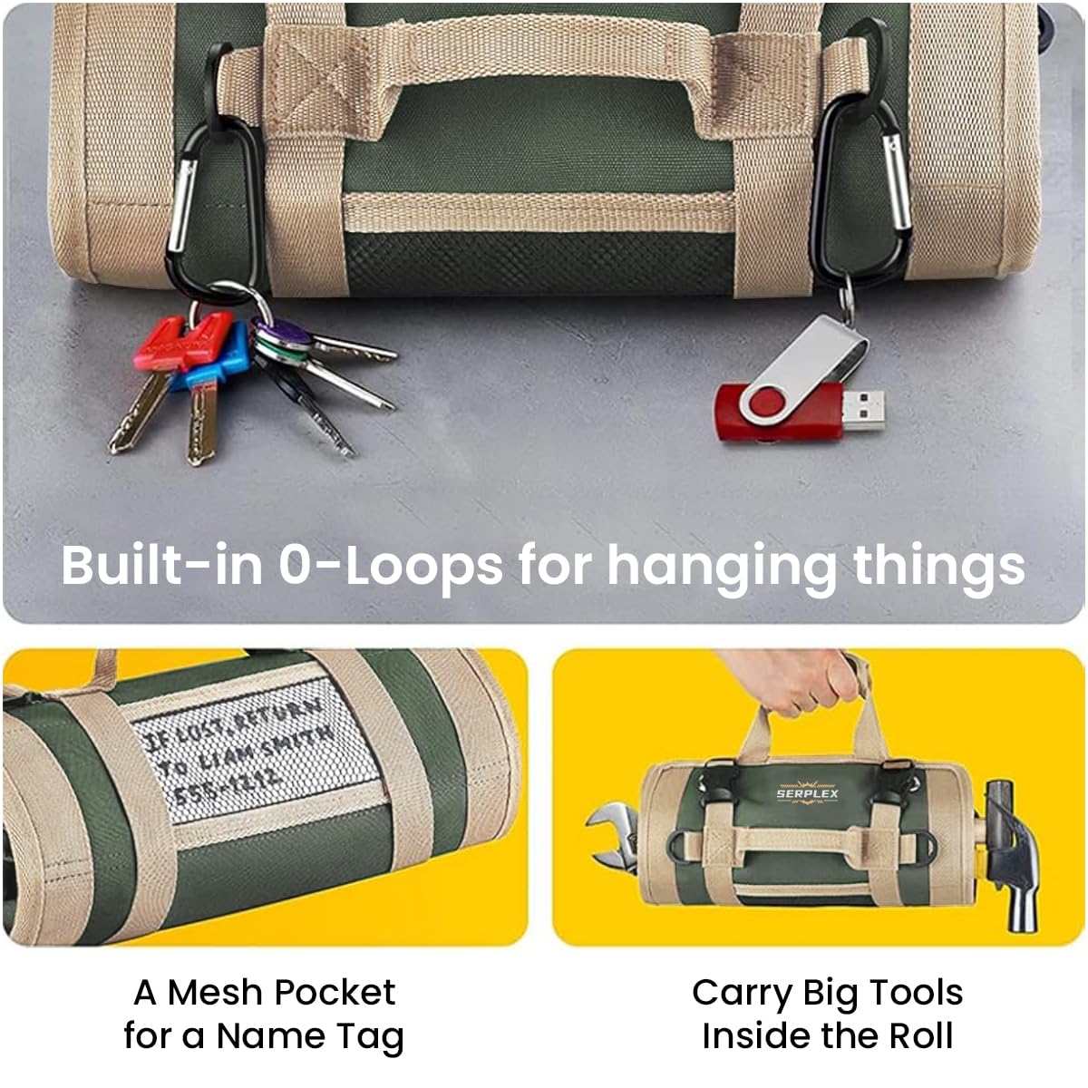 Serplex Tools Bag Portable Roll Up Tool Bag with Handle & Shoulder Strap Multi Compartment Tools Bag with Detachable Zipper Pouch, Multi-Purpose Tool Organizer for Technicians, Mechanics(No Tools)