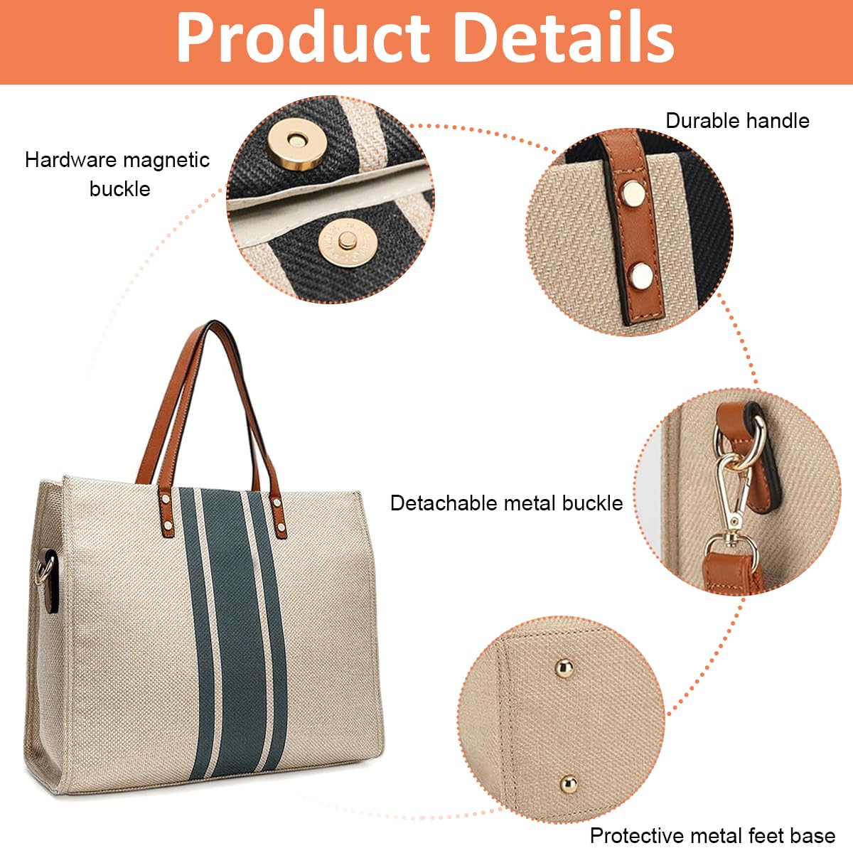 PALAY Tote Bag Women Large Canvas Tote Bag Shoulder Bag Briefcase Crossbody Bag with Shoulder Belt Fashion Women Tote Bag Casual Tote Bag for Daily, Travel, 13.38 x 5.51 x 10.62 Inches