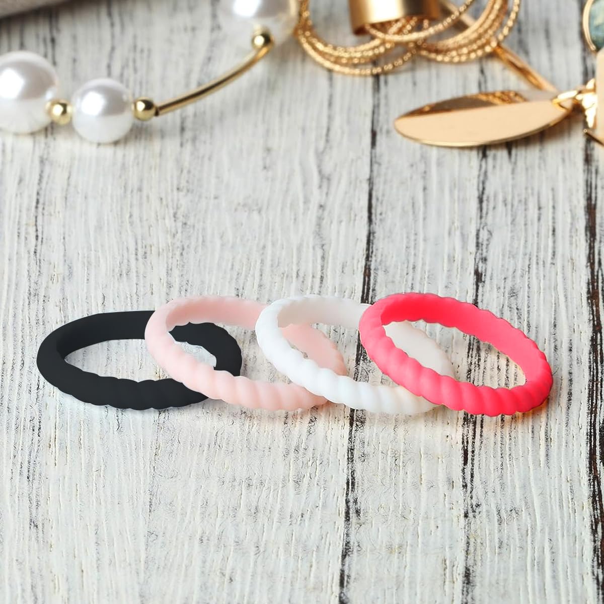SANNIDHI 4pcs Rings for Women Silicone Rubber Stackable Ring, Sport Style Thin Braided Wedding Rings Bands, Promise Ring - Size 9