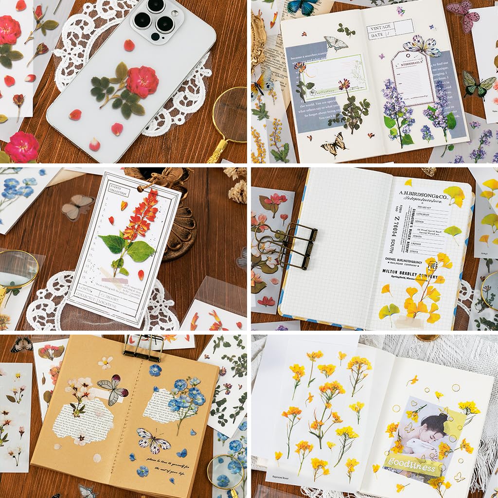 HASTHIP Flower Themed Stickers, Laminated Paper Stickers Versatile Decorative Stickers for Scrapbook Supplies Junk Journal Laptop (Assorted 270 Pieces, 20 Sheets Paper)