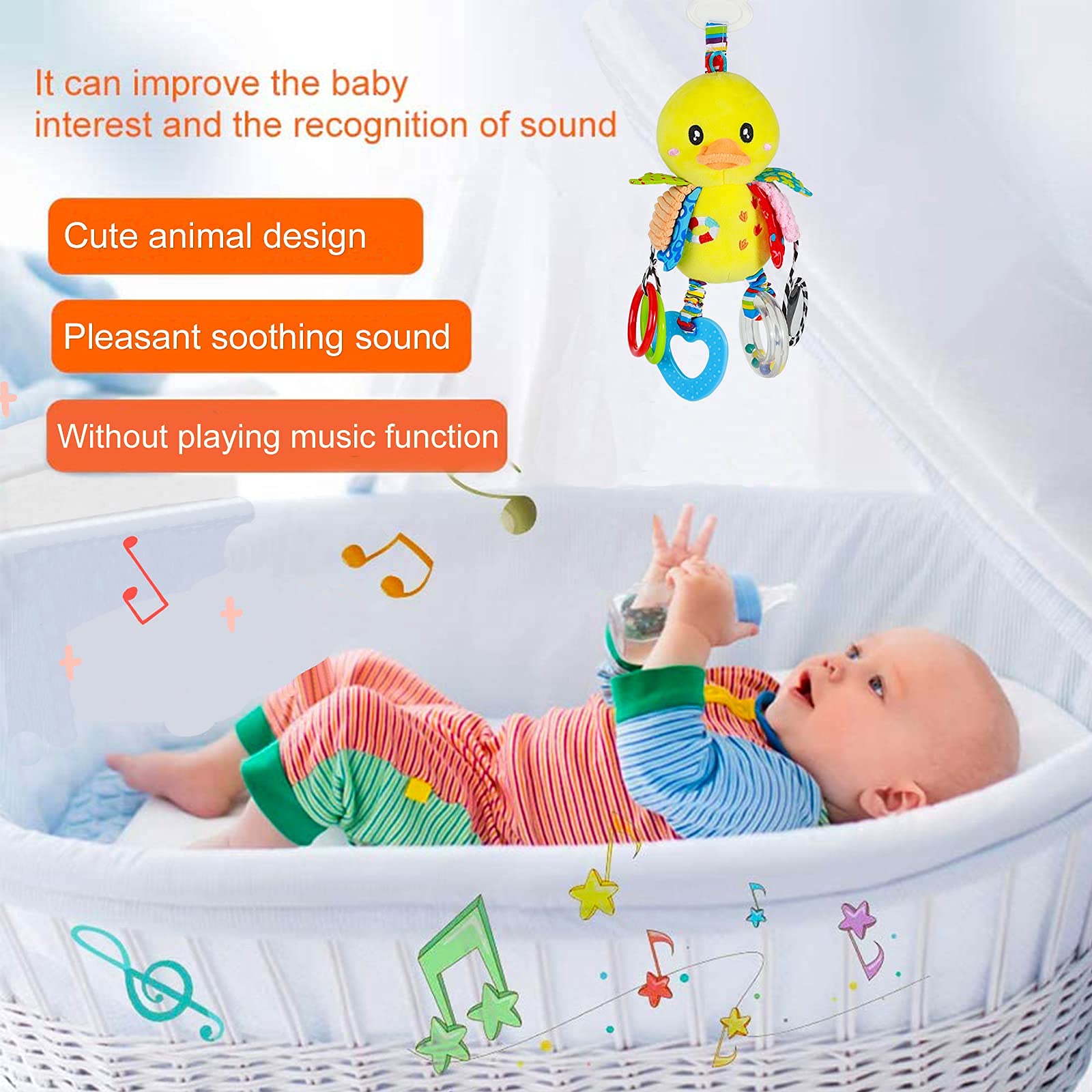 SNOWIE SOFT Baby Car Toys Stroller Plush Toy Yellow Duck Stuffed Hanging Rattle Toys Newborn Crib Bed Around Toy with Teether Rattle Sound for 0-3 Years Old