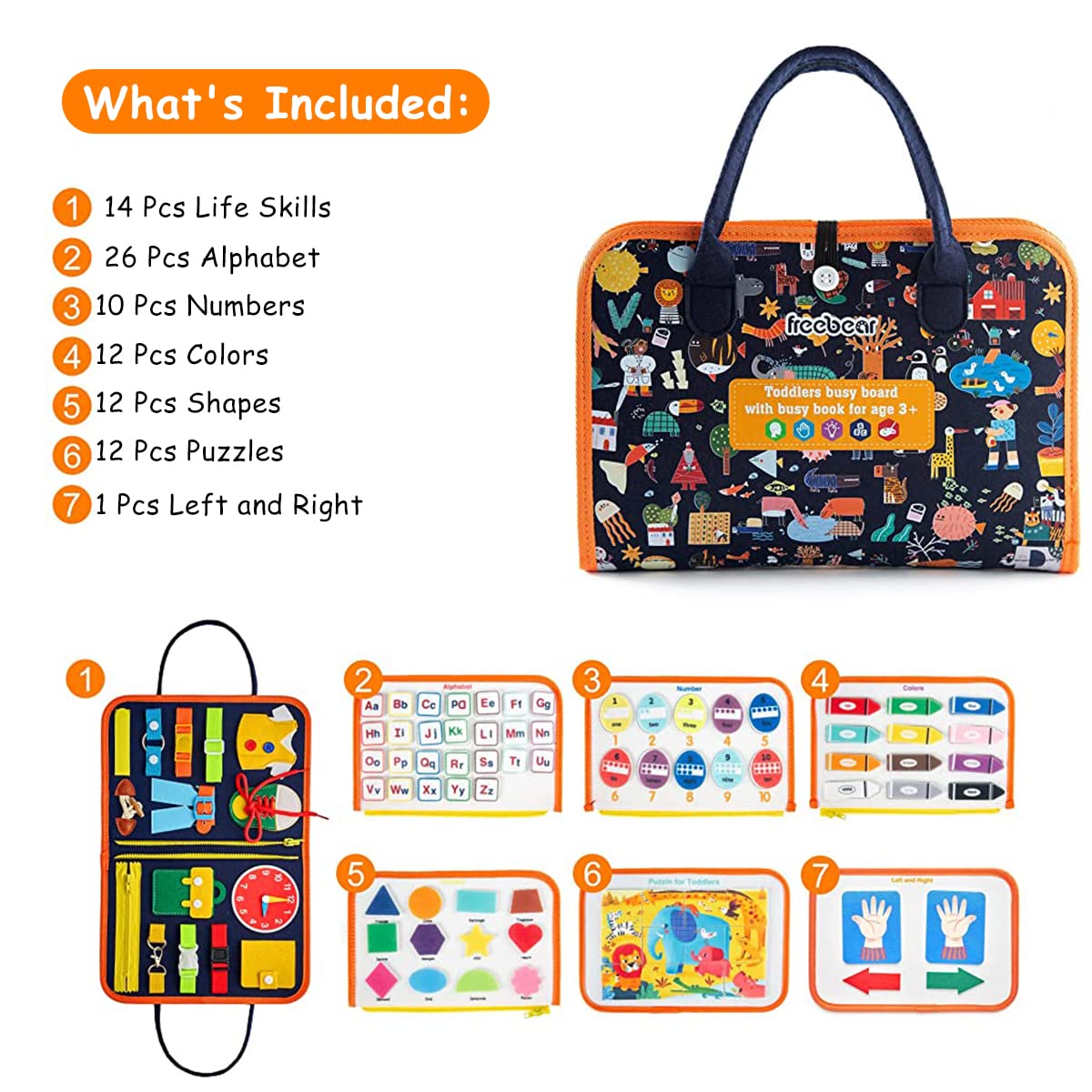 PATPAT Busy Board for Toddlers 1-3, Upgrade Montessori Toy for Develop Basic Skills, All in 1 Educational Toy for 1 2 3 4 Year Kids, Parent-Kids Activity Toy, Bag Design for Airplane Car Travel