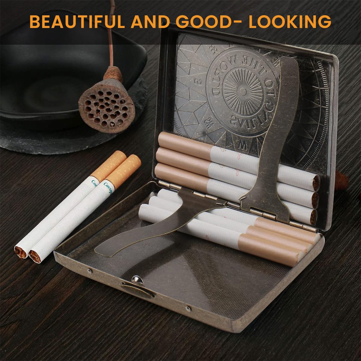 GUSTAVE Retro Metal Cigarette Case for Men - Portable Cigarette Box for 18-20 95mm Long Cigarettes, Double Sided Spring Clip Open Cigarette Box, Christmas Gift for Man (Bronze)