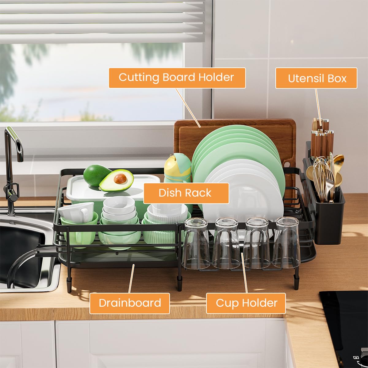 HASTHIP Dish Dry Rack with Drip Tray Metal Large Size Dish Dry Rack Drainer with Cup Holder, Telescopic Tableware Holder Organzier Kitchen Multipurpose Dry Rack for Dish, Bowl, Tableware, Cup