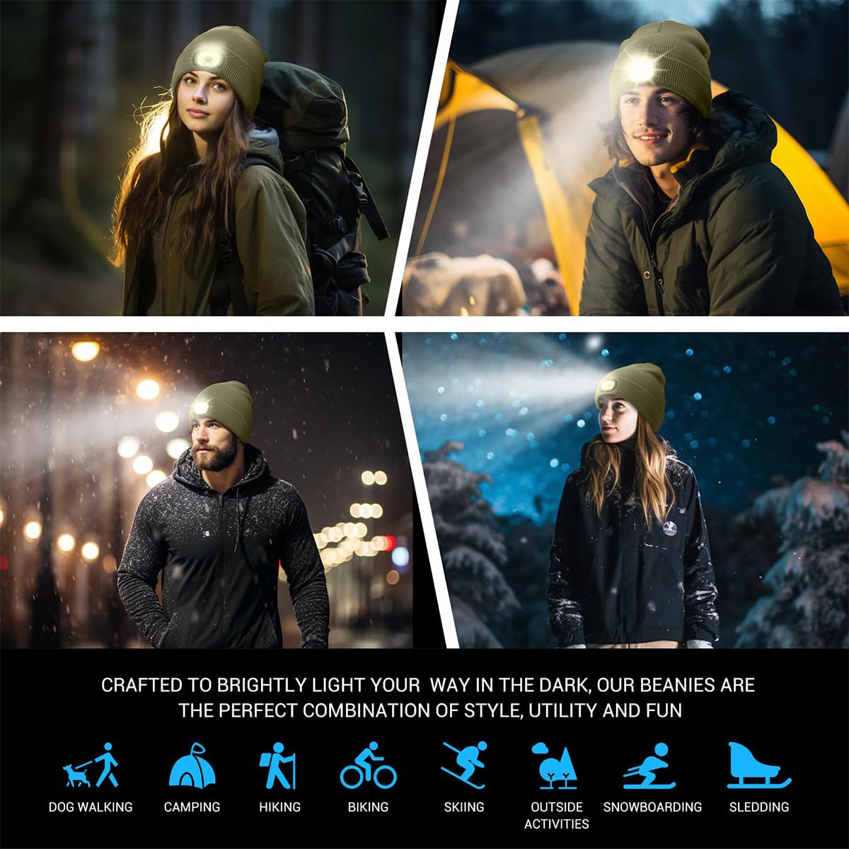 GUSTAVE Winter Cap for Men Women Illuminated Beanie Cap with Forehead Lamp USB Rechargeable Winter Soft Fleece Knitted Cap for Riding, Night Running, Green