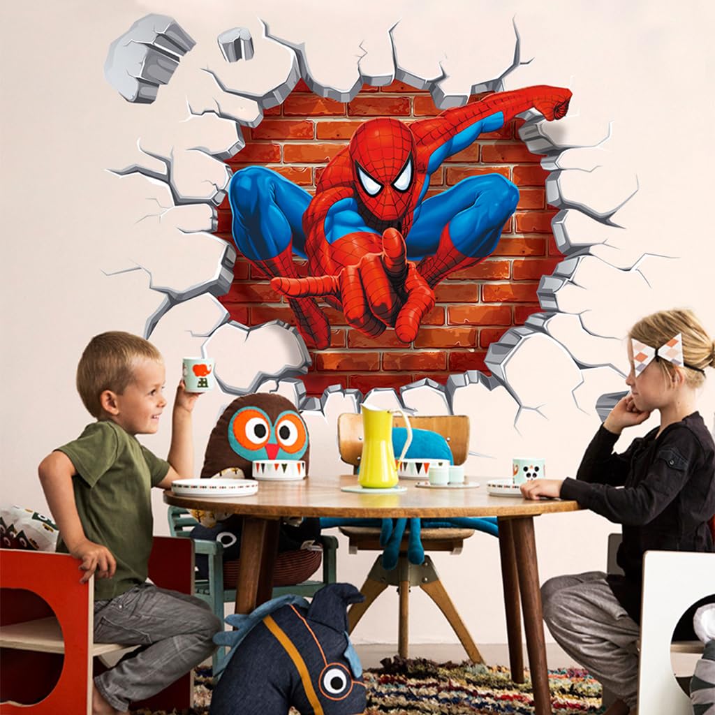 HASTHIP 1 Sheet 3D Wall Paper Sticker Superhero Spiderman 3D Wall Paper Self Adhesive PVC Wall Paper Removable Cartoon 3D Wall Paper for Kids Room, Bed Room, Living Room, 19.6 x19.6 inches