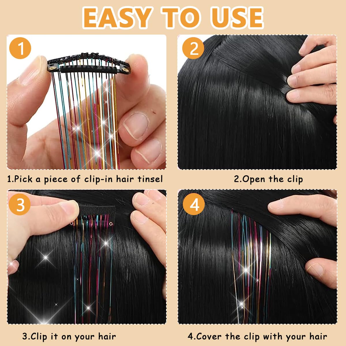 MAYCREATE 6pcs Hair Tinsel Extensions, Brown Glitter Tinsel Strands, 20.5 inch Clip-on Shiny Tinsel Hair Extension, Heat Resistant Fairy Hair Glitter Kit for Women Girls Halloween Cosplay Party