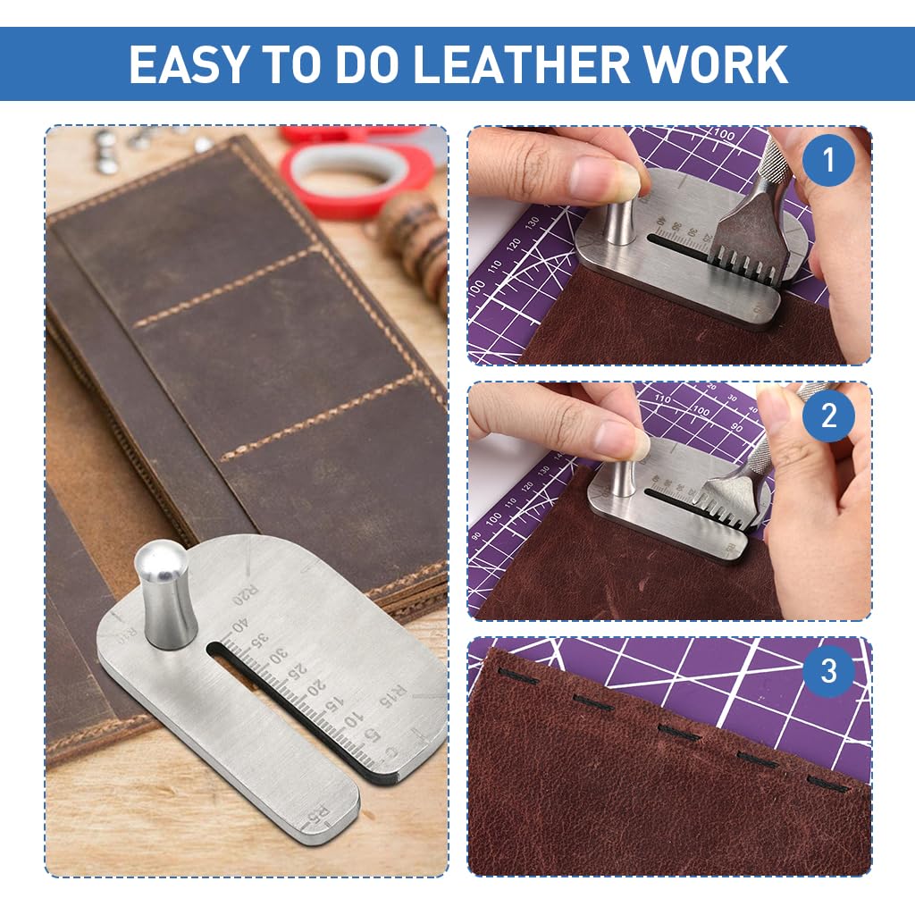 HASTHIP Leather Craft Punch Aid Plate with Double Side Scale-Marked Slot & Curve Cutting Multi Leather Crafting Tool Stainless Steel Leather Hole Punch Spacing Aid Tool Leather Stitching Tool