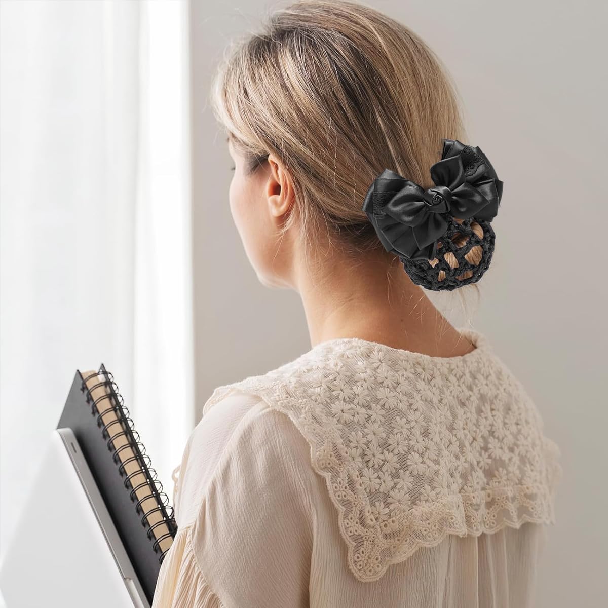 PALAY Hair Buns Clip, Bow Bun Nets Bun Maker for Hair, Lace Rose Hair Bun Accessories for Women, Spring Clip Snood Hair Net for Work or Daily, Dancer Nurse Hair Accessory