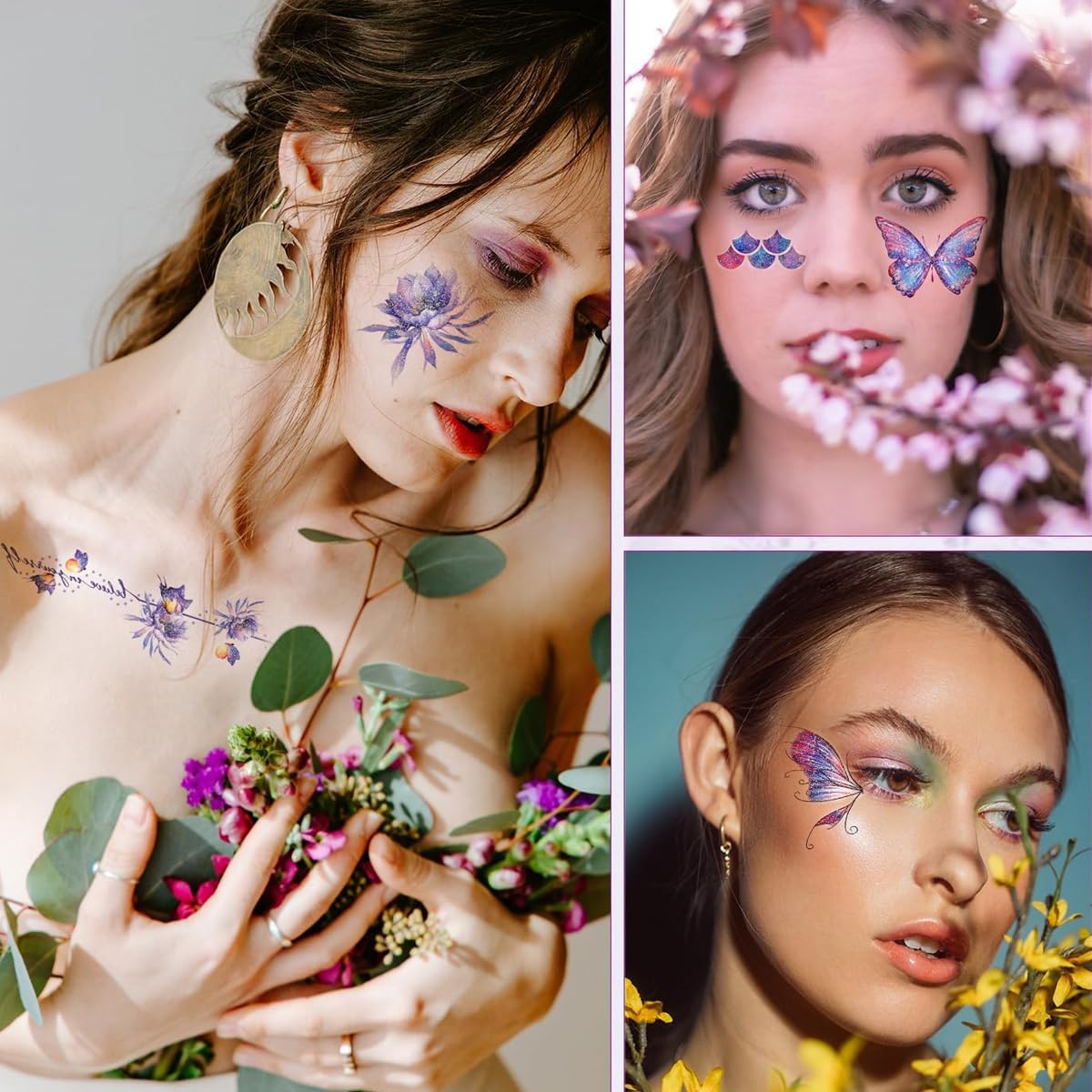 MAYCREATE Temporary Tattoo for Women Girls, Glitter Fake Tattoos Stickers for Face Arm Body, Adult Kids Freckle Tattoo Art for Rave Party Halloween (8 Styles)