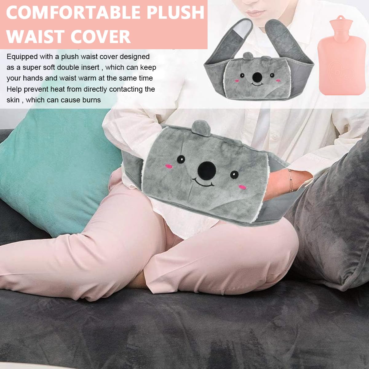 HANNEA Hot Water Bag with Plush Cover & Waist Wrap Belt Refillable Hot Water Bag Anti-leakage PVC Hot Water Bag Period Pain Relief Hot Water Bag, Relieve Cramp Relief, Back Pain