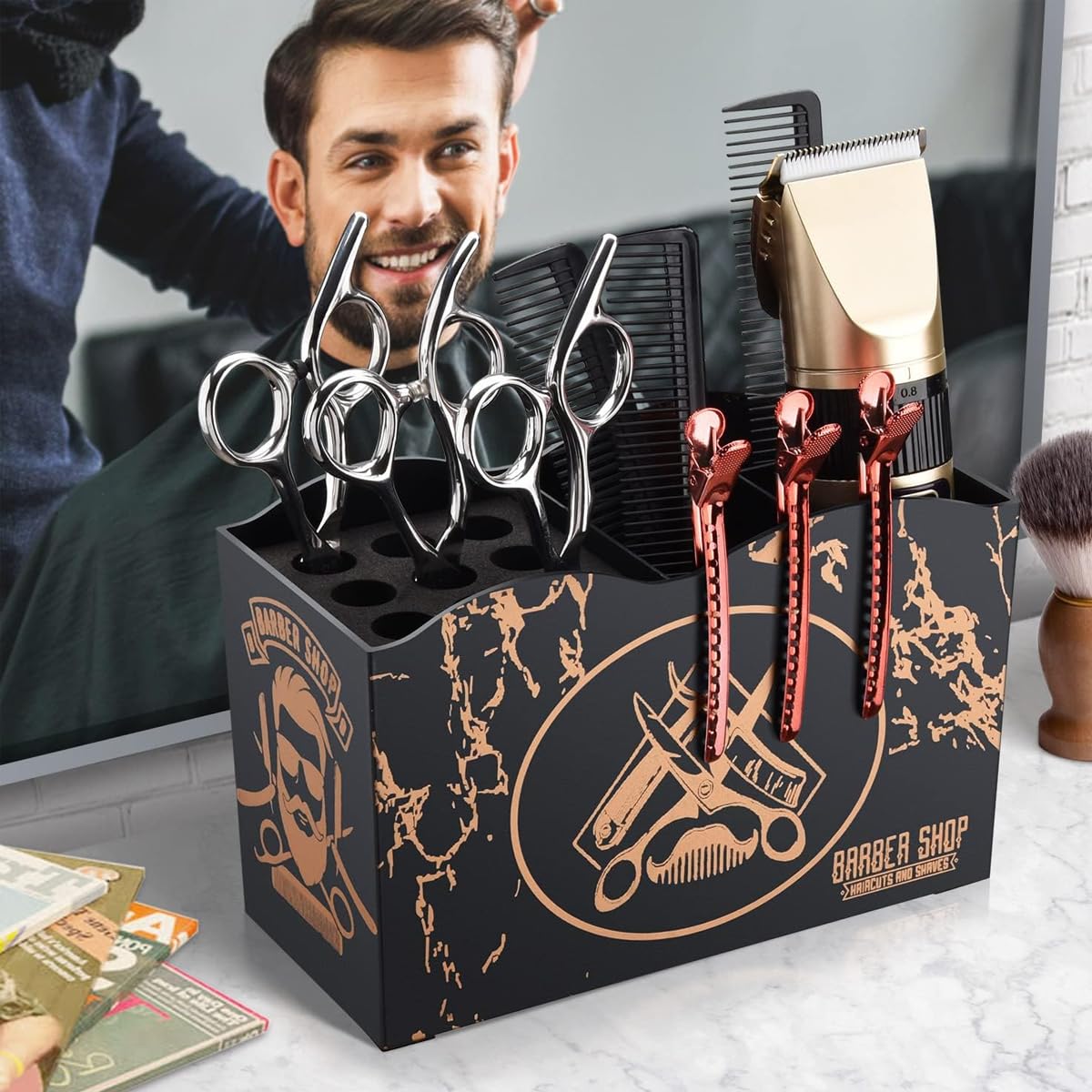 MAYCREATE Scissor Holder Barber Shear Holder Box, Hair Salon Barber Supplies Acessories Tool Station Desk Organizer Case, Combs Clips Stand Holder Storage for Hairstyling Combs Clips Brushes, A