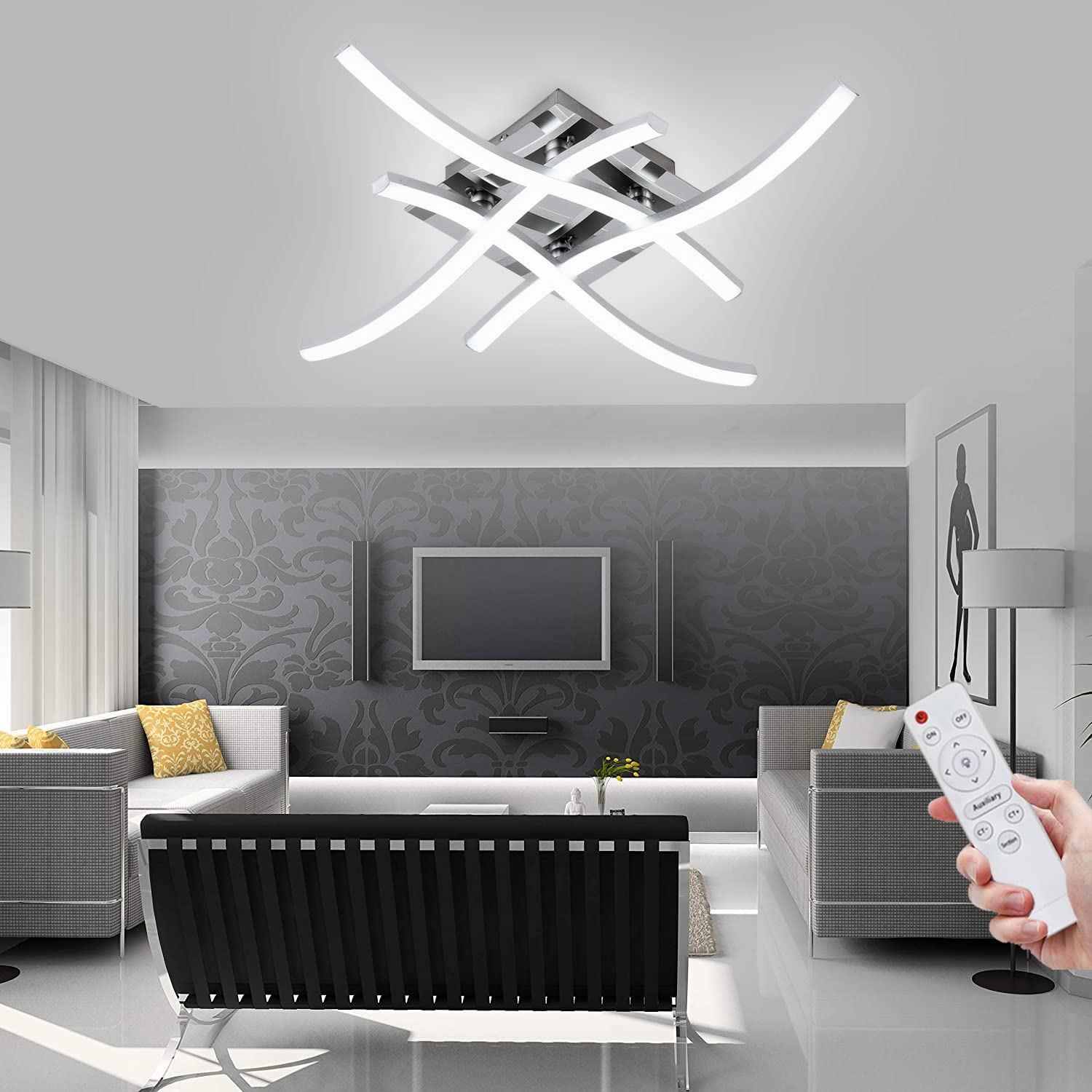 ELEPHANTBOAT 3 Color Temperature LED Drop Ceiling Lights, 24W Modern Curved Design Lamp with Remote Control, Metal Flush Mount Lighting Fixture 4 Built-in LED Board