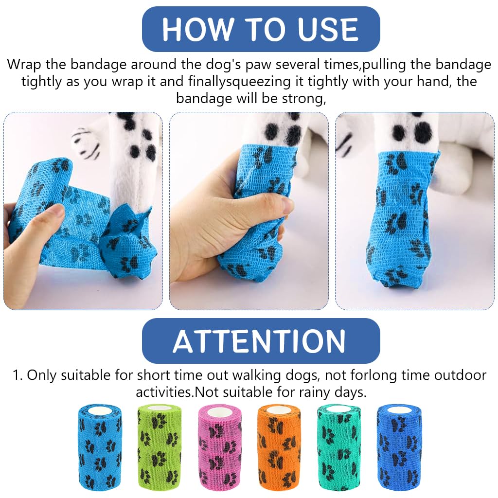 Qpets 6Pcs Pet Injury Recovery Bandage Self Adhesive Non Woven Bandage Wide Elastic Bandage Color Paw Print Lick Proof Ingury Recovery Bandage (10 * 4.5CM)