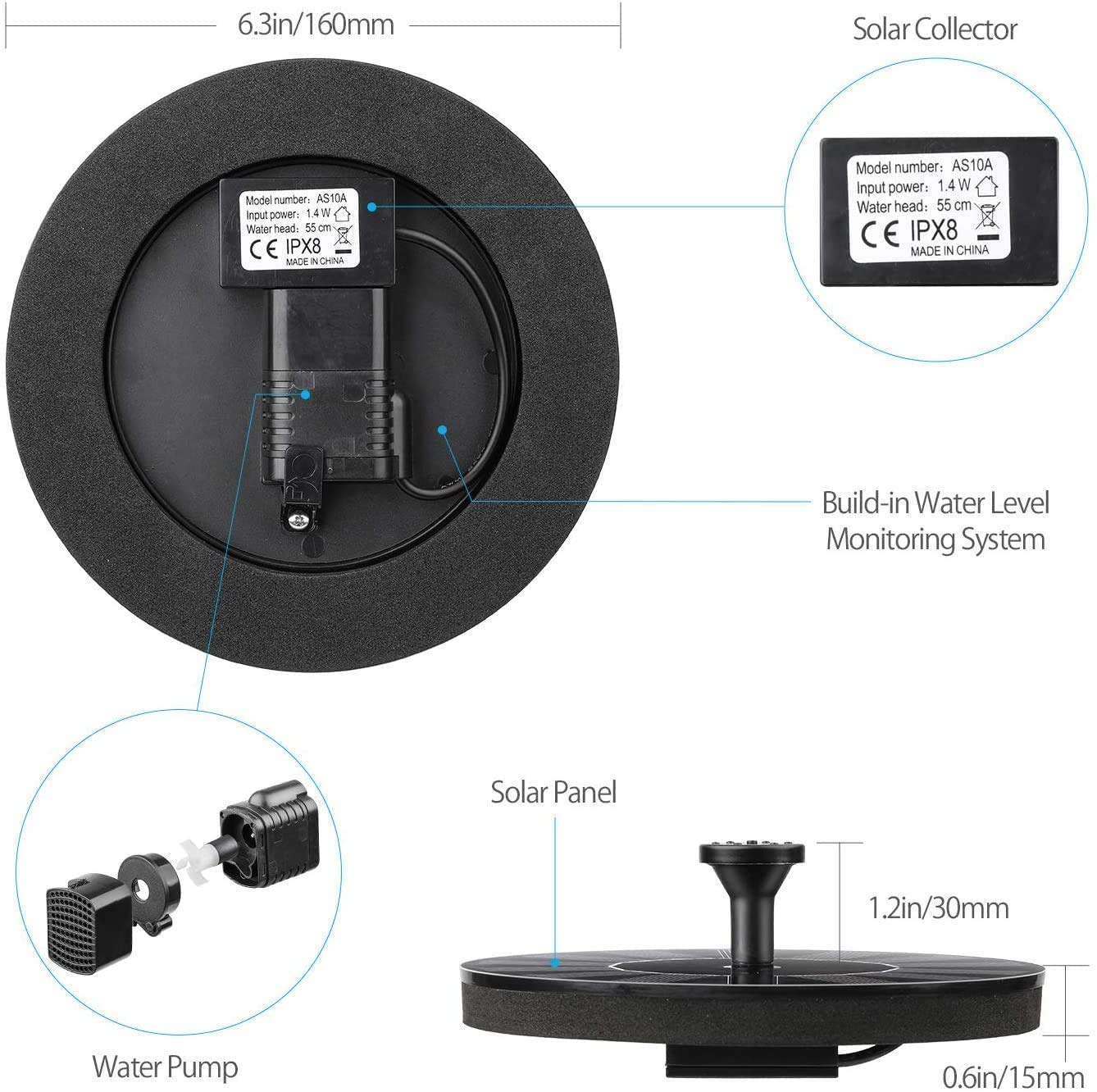 HASTHIP Fountain Solar Power Floating Water Pump for Pool Pond Garden and Patio Plants Round 7V 1.4W