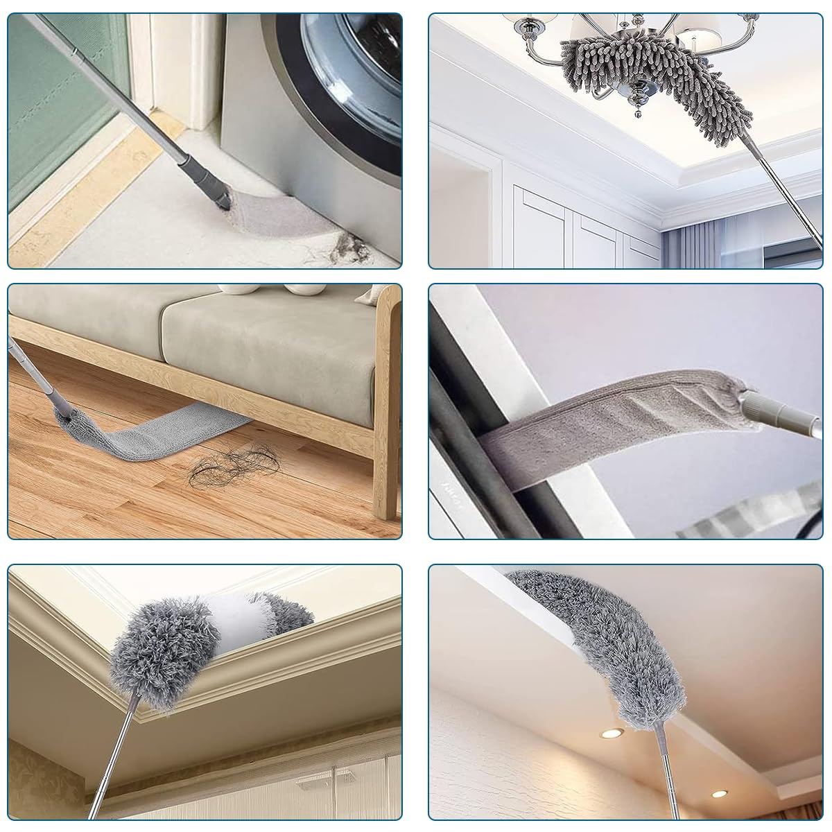 HASTHIP Microfiber Duster 3 in 1 Microfiber Duster Set, Bendable Chenille Dusters Three Duster Head with Extendable Handle Bar Feather Duster for Ceiling Fan, High Ceiling, Blinds, Furniture, Cars