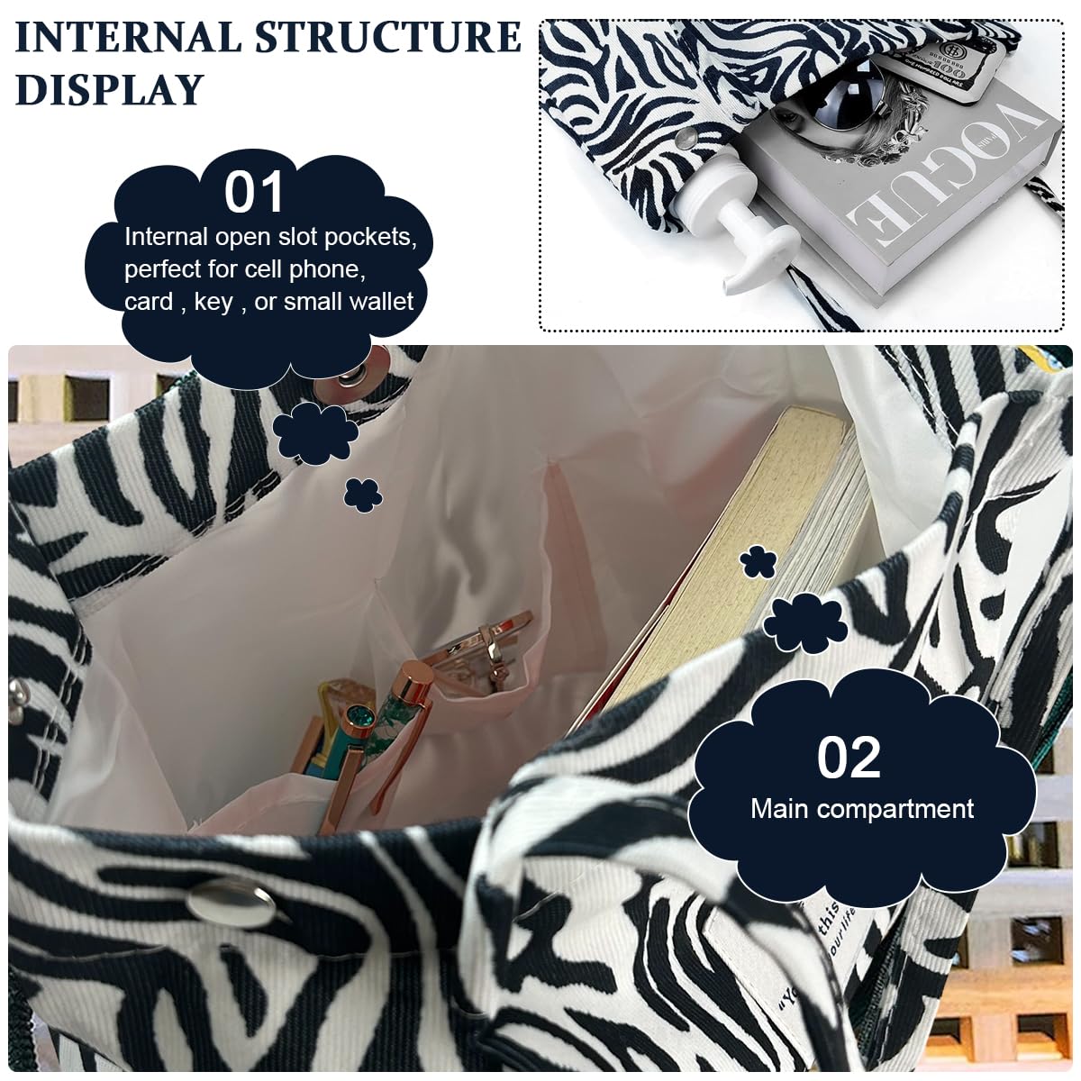 PALAY Tote Bag Corduroy Fashion Zebra-stripe Print Color Hand Bag for Women Shoulder Bag for Shopping, Commuting, Shopping Bag, Large Grocery Bag
