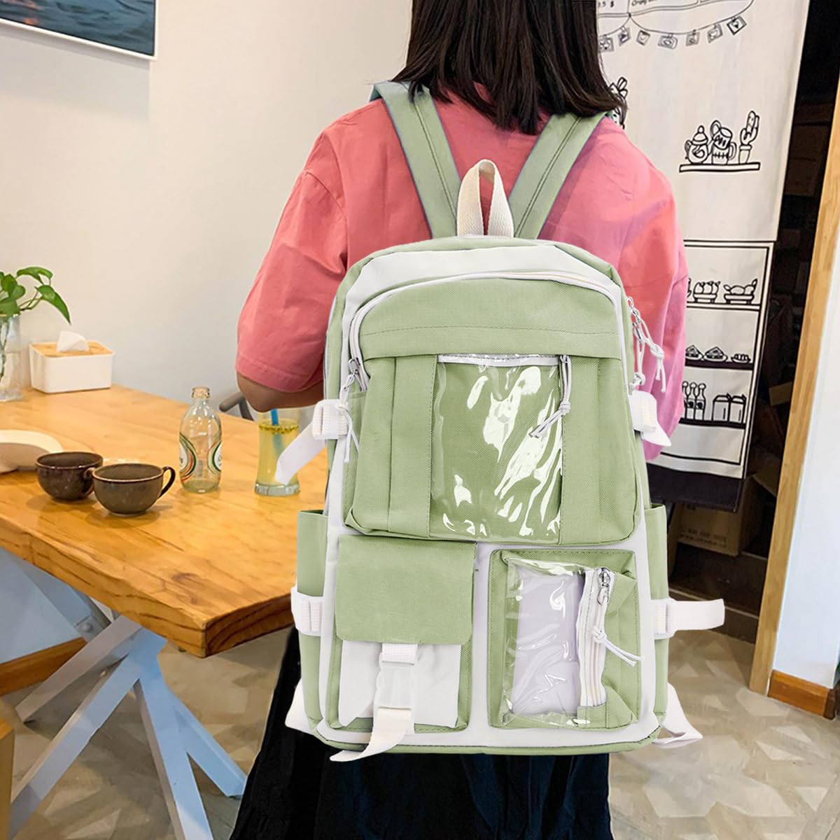 PALAY Cute Backpack for Girls Canvas Backpacks Set with Canvas Tote Bag Waterproof Multi-Pocket Kawaii School Backpack for Kids Laptop School Bag