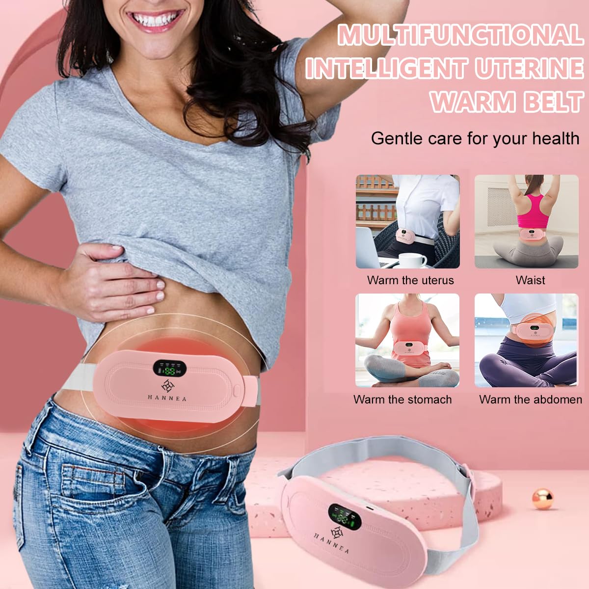 HANNEA Electric Cordless Heating Pad for Period Pain, Cramp Relief, Back Pain in Period, Belly Warmer Heating Pad with 4 Heat Levels 4 Vibration Modes, Caring Gift Heating Pad Belt for Women
