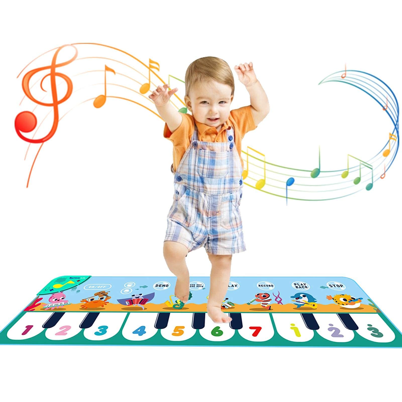 PATPAT Musical Mat for Kids, 8 Sounds Music Piano Keyboard Dance Floor Mat Carpet Animal Blanket Touch Mat Musical Toys Early Education Toys for Baby Girls Boys 1-3 Years Old(43.3x14.2in)