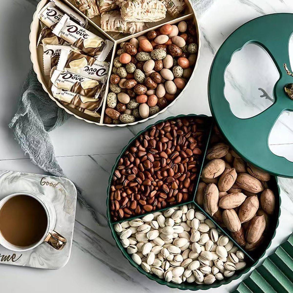 HASTHIP Snack Serving Tray Nuts Serving Tray with Lid Double-Tier 6-Compartments Snack Tray Modern Dessert Serving Tray Dried Fruit Serving Tray Candy Box Snack Holder