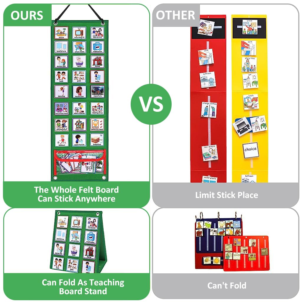 PATPAT Flash Cards for Kids Visual Schedule for Kids with Autism Wall Hanging Schedule Board Desk Daily Routine Chart with 70 Cards Montessori Toys for 3+ Year Old Kids Wall Planner for School-Green