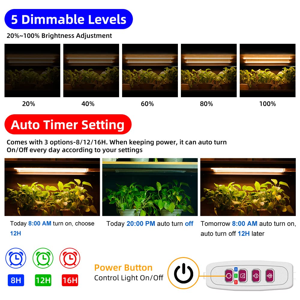 Qpets LED Grow Lights Bars for Indoor Plants, Full Spectrum Strips Auto ON/Off, 8/12/16H Timer, 5 Dimmable Levels High Output USB 5V Grow Lamp Hydroponics Seedling Flower Starting(Sunlike)