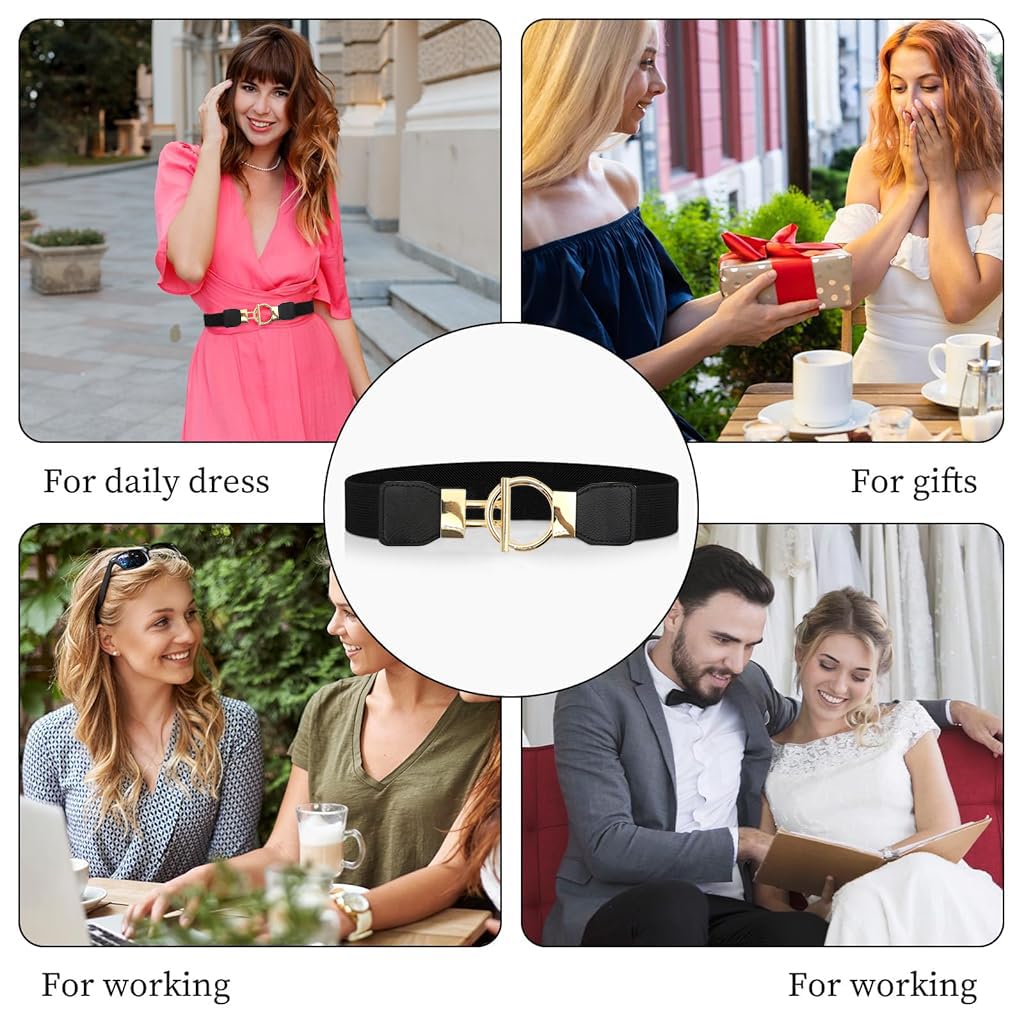 ZIBUYU Fashion Waist Belt for Women Chic Golden Leaf Buckle Design 25.2 inches Stretchy Slim Waist Belt High Class Vintage Belt for Shirt, Blazer, Sweater, Dress
