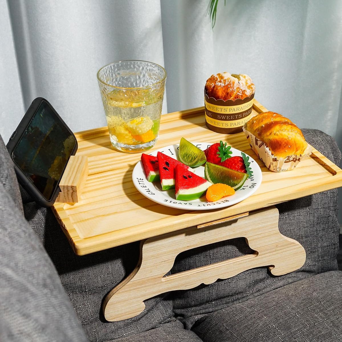 HASTHIP Sofa Armrest Wooden Tray Small Table for Sofa Armrest Folding Foot Wooden Dinning Table Laptop Stand with 360° Rotatable Phone Holder Armrest Table for Work, Relaxing, Reading