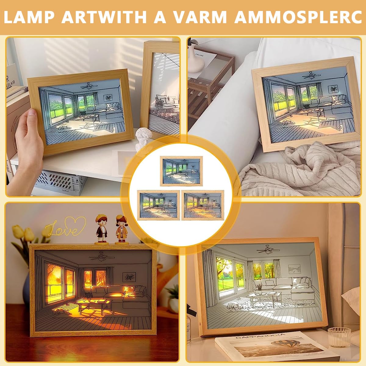 HASTHIP Wooden Framed Art Wall Lighting Painting Decoration, LED Glowing Photo Frame, Adjustable Acrylic Glass Painting Decorative, USB Powered, 3 Lighting Modes, Wall Decor for Home Bedroom (A)