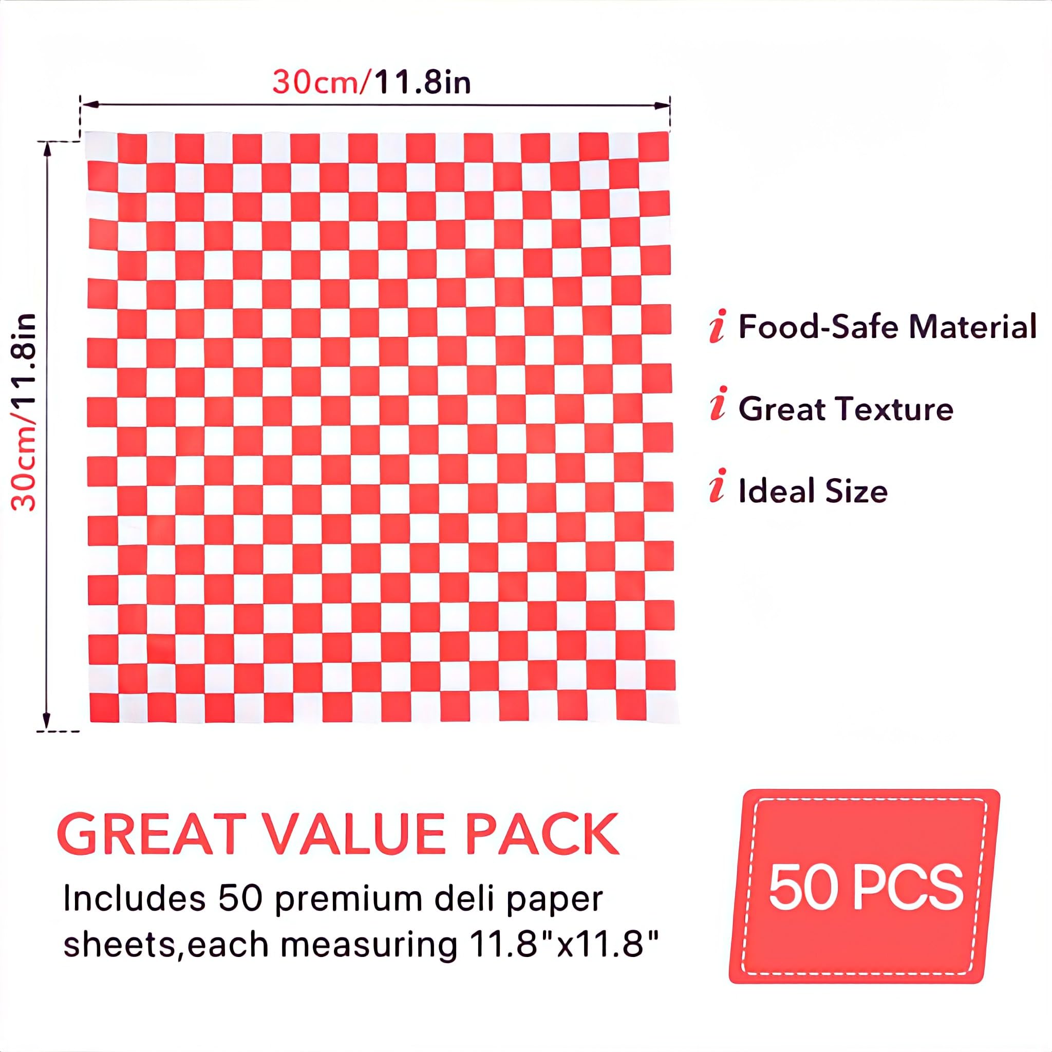 HASTHIP 100pcs Deli Paper Sheets 12x12, Grease Resistant Wax Paper Sheets for Food, Classic Checkered Food Basket Liners, Sandwich Paper, Food Wrapping Paper