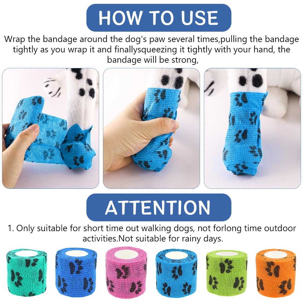 Qpets 6Pcs Pet Injury Recovery Bandage Self Adhesive Non Woven Bandage Wide Elastic Bandage Color Paw Print Lick Proof Ingury Recovery Bandage (7.5 * 4.5CM)