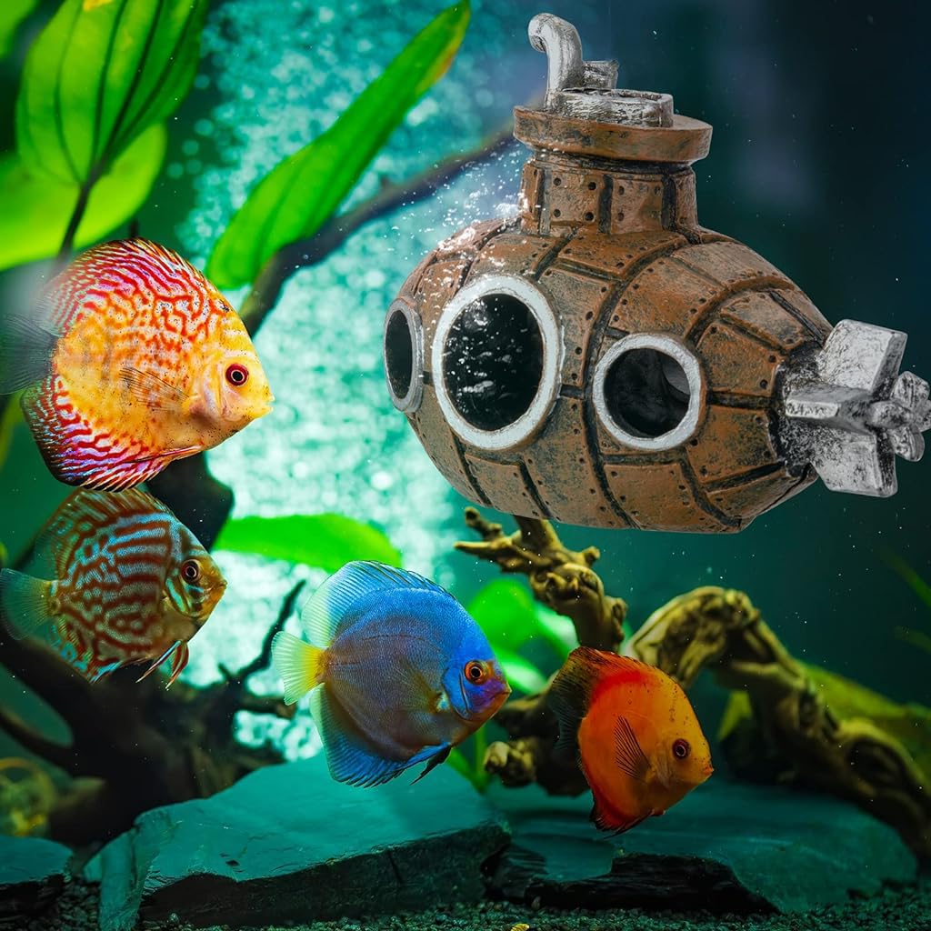 Qpets Aquarium Decoration, Floating Cartoon Submarine Model Fish Tank Decoration, Resin Hollow Out Submarine Ornament Fish Hideout Cave Desktop Decoration Best for Study / Office / Living Room