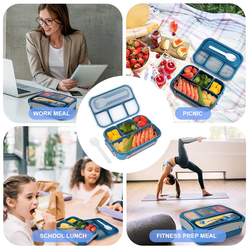 Supvox Lunch Box for Kids School Bento Box for Kids 4 Compartments Bento Box Fruit Box for Kids to School, with 4 Samll Cups, Kids Fruit Picks, Mini Sauce Box, School Lunch Box for Kids, Blue