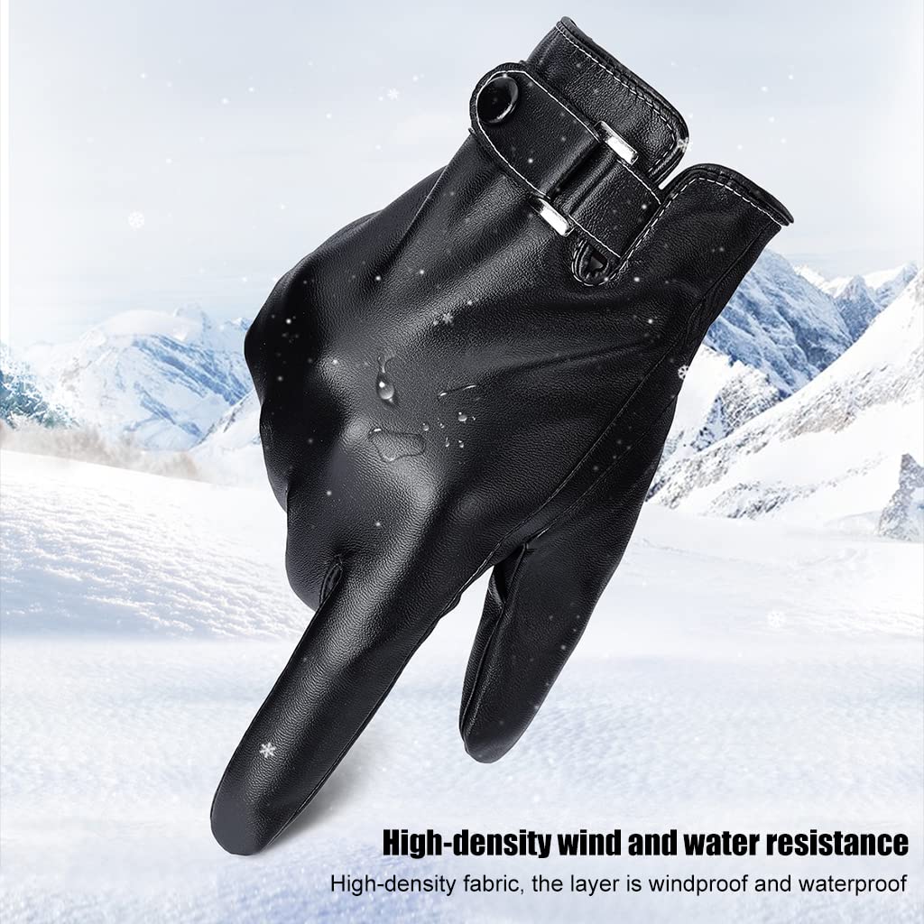 Proberos® PU Leather Winter Gloves for Men Fleece Warm Lining Touch Screen Fashion Driving Black Style 3 2PCS