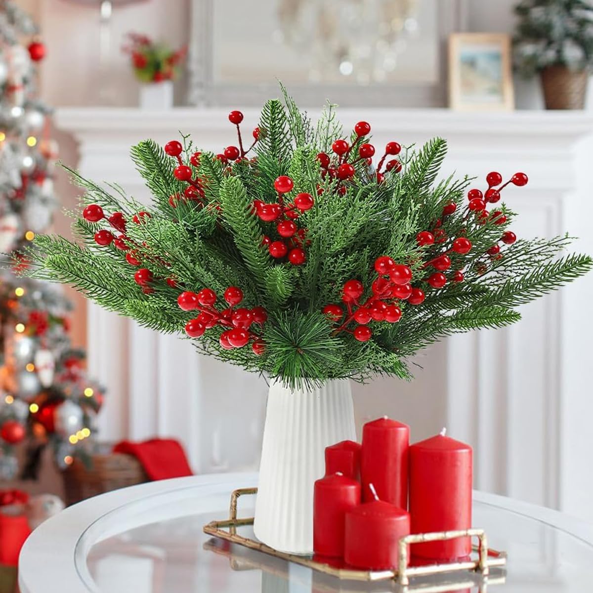 HASTHIP 60Pcs Christmas Tree Ornaments Artificial Pines & Berry Combo Set Flourish Greenery Pine Christmas Ornaments DIY Christmas Garland Wreath Xmas Embellishing Flower