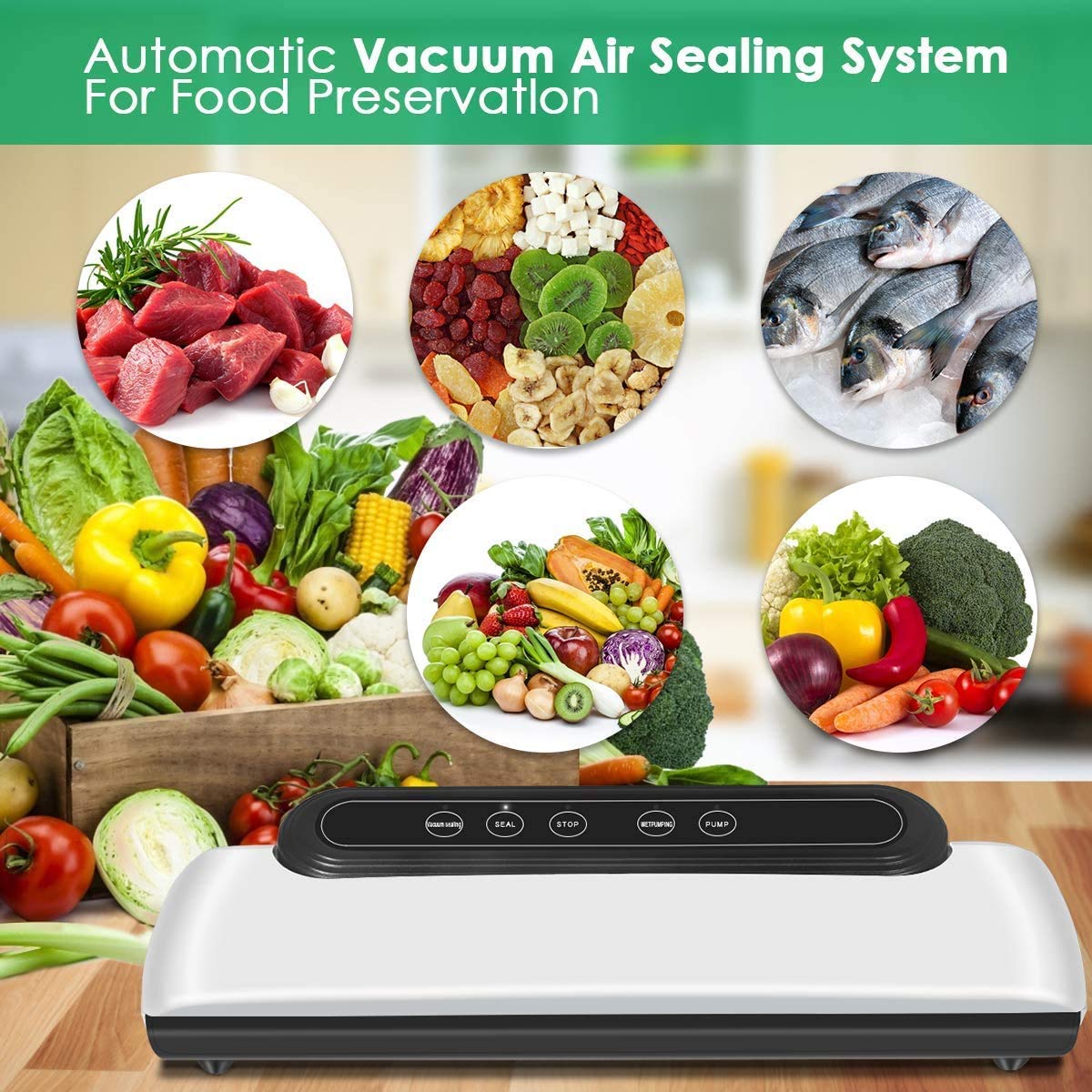HASTHIP Vacuum Sealer, Automatic Food Sealer with Built-in Cutter& Roll Bag Storage, Machine for Food Storage and Preservation with Dry&Moist Modes with 10 Reusable Bags