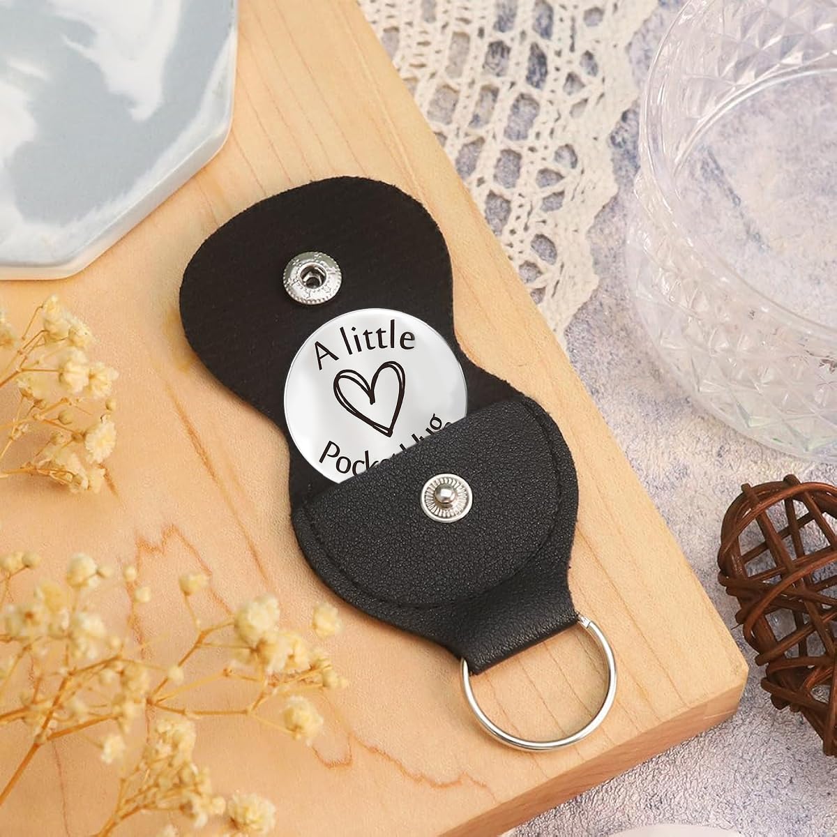 PATPAT Pocket Hug Token Keychains, Long Distance Relationship Gifts Stainless Steel Double Sided Inspirational Gift with PU Leather Keychain, Gift for Husband