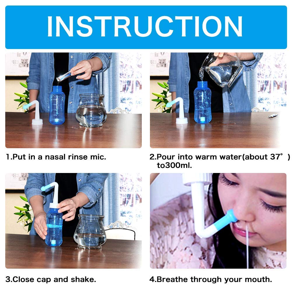 HANNEA 300 ML Neti Pots for Sinus Nose Wash Cleaner Pressure Rinse Nasal Irrigation BPA Free with 30 Nasal Wash Salt Packets and Sticker Jal Neti For Adults Children Nose Care