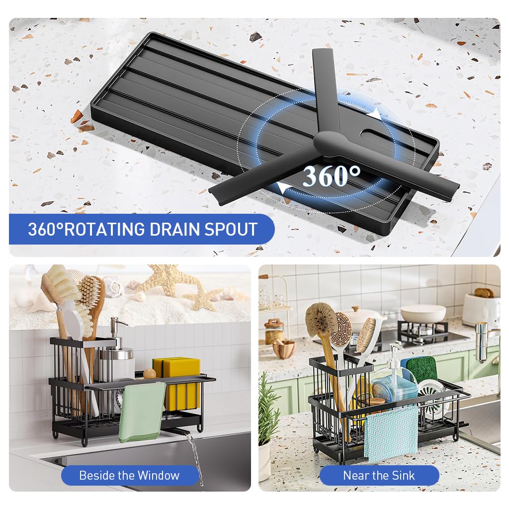 HASTHIP Kitchen Sink Organizer - Sink Caddy with Brush Holder Self-draining Kitchen Sponge Caddy Organizer with Divider Stainless Steel Sink Accessories Storage for Countertop, Black 23x9x16cm