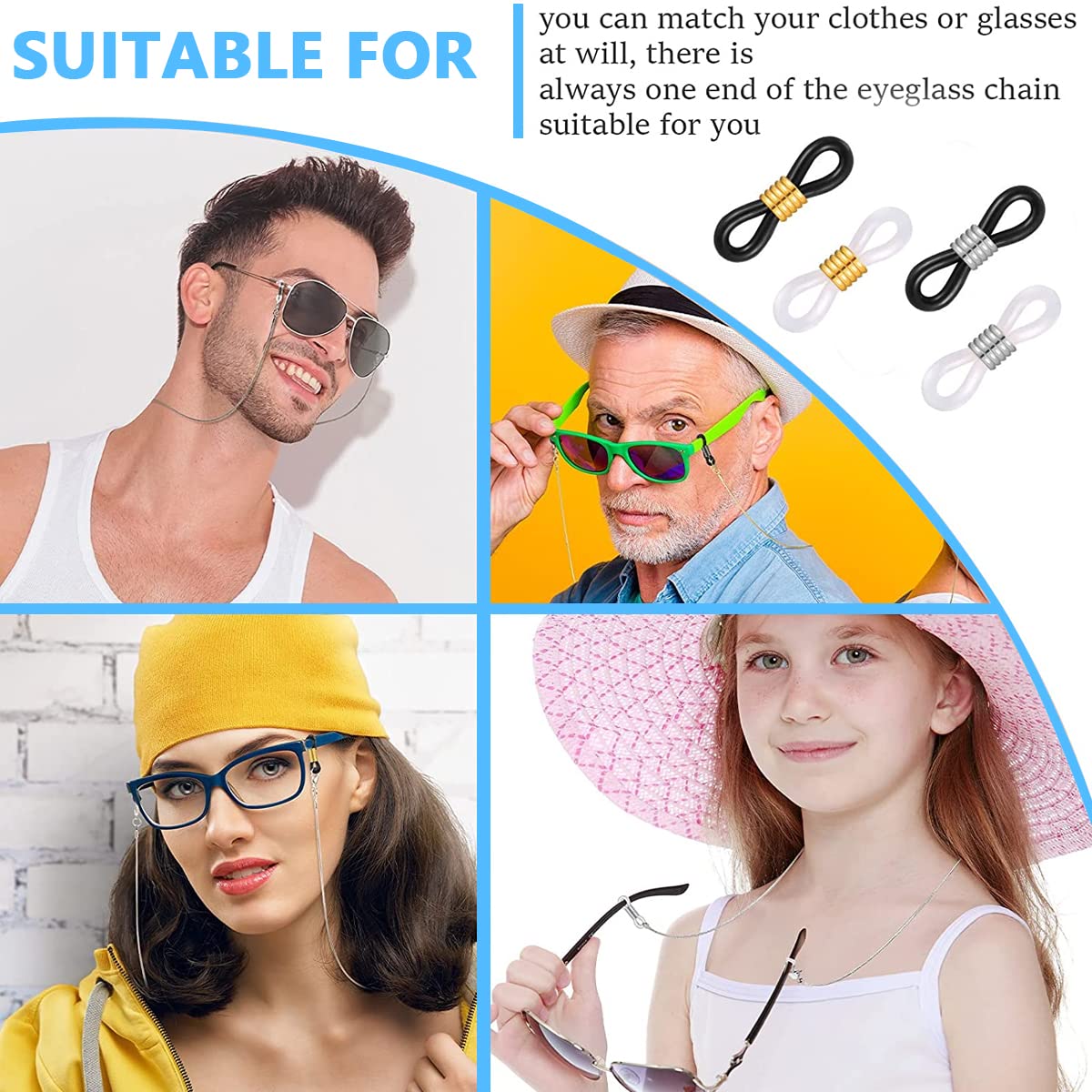 HASTHIP 40pcs Eyeglasses Chain Hook Attachment Rubber Ends, Glasses Spectacles Chain Retainer Ends Sunglasses Strap Holder Loop Connectors