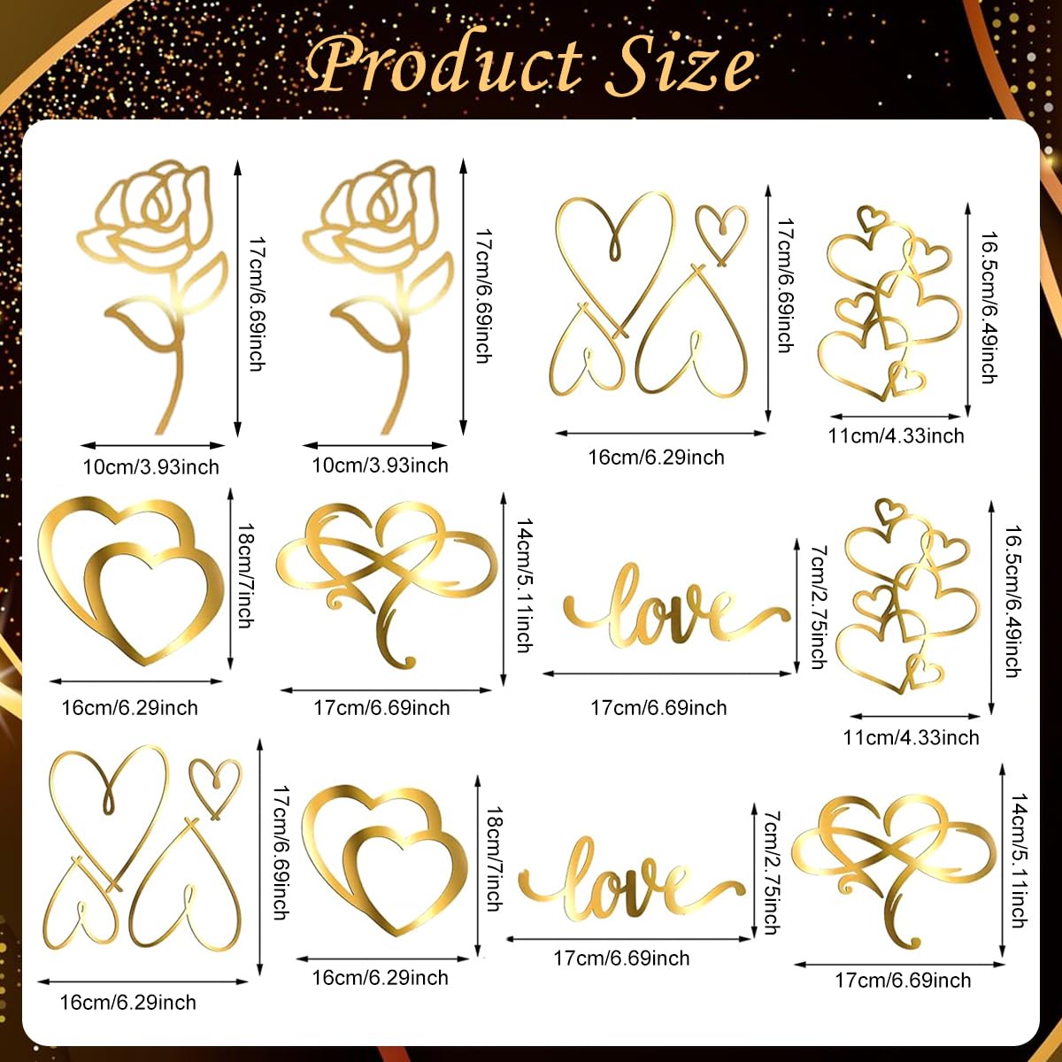 PALAY 12Pcs Cake Decorations Luxury Golden Acrylic Rose Heart Shaped Cake Topper Decorations for Birthday Cake Anniversary Wedding Cake